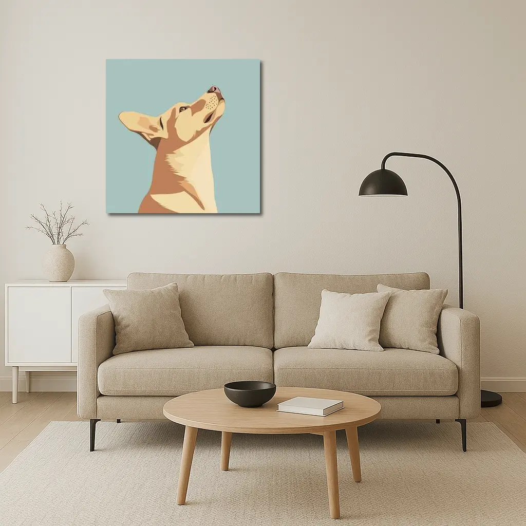 Dog Looking Up Minimal Teal Background – Wall Art