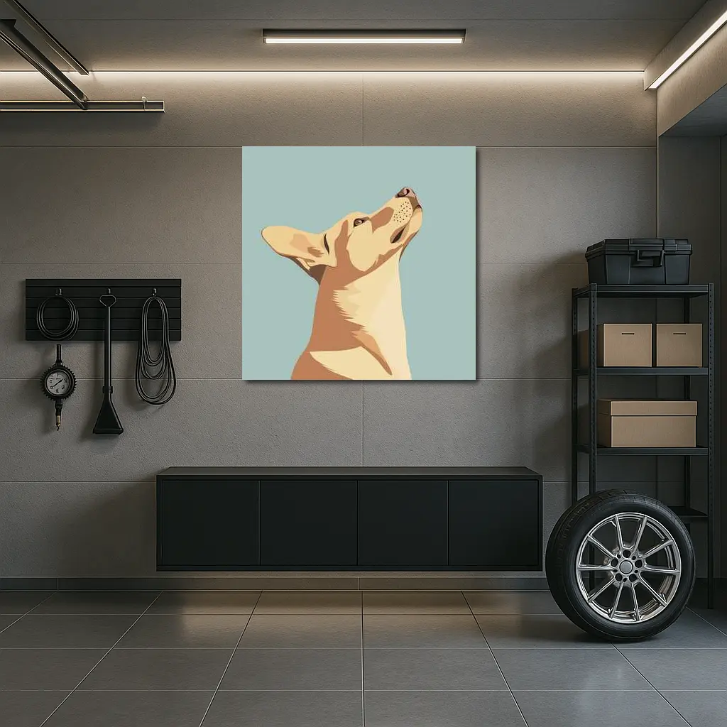 Dog Looking Up Minimal Teal Background – Wall Art