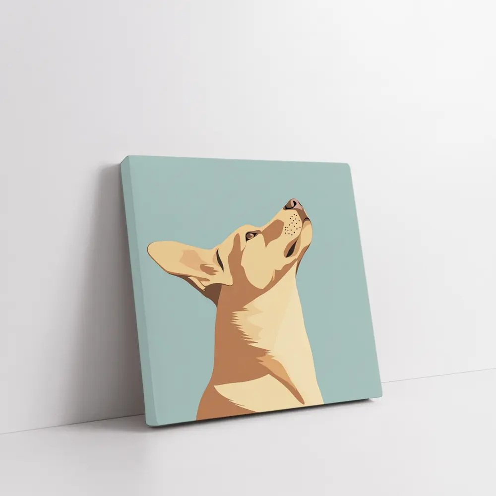 Dog Looking Up Minimal Teal Background – Wall Art