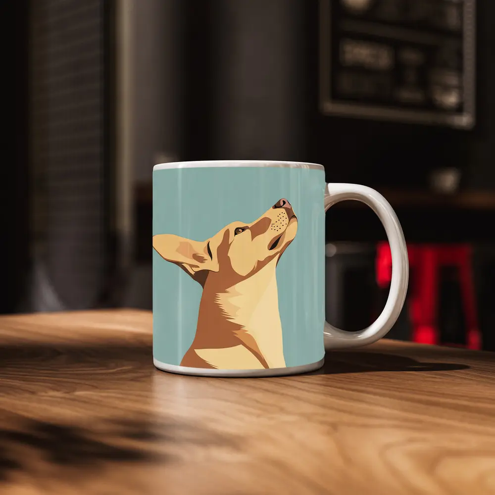 Dog Looking Up Minimal Teal Background – Mugs