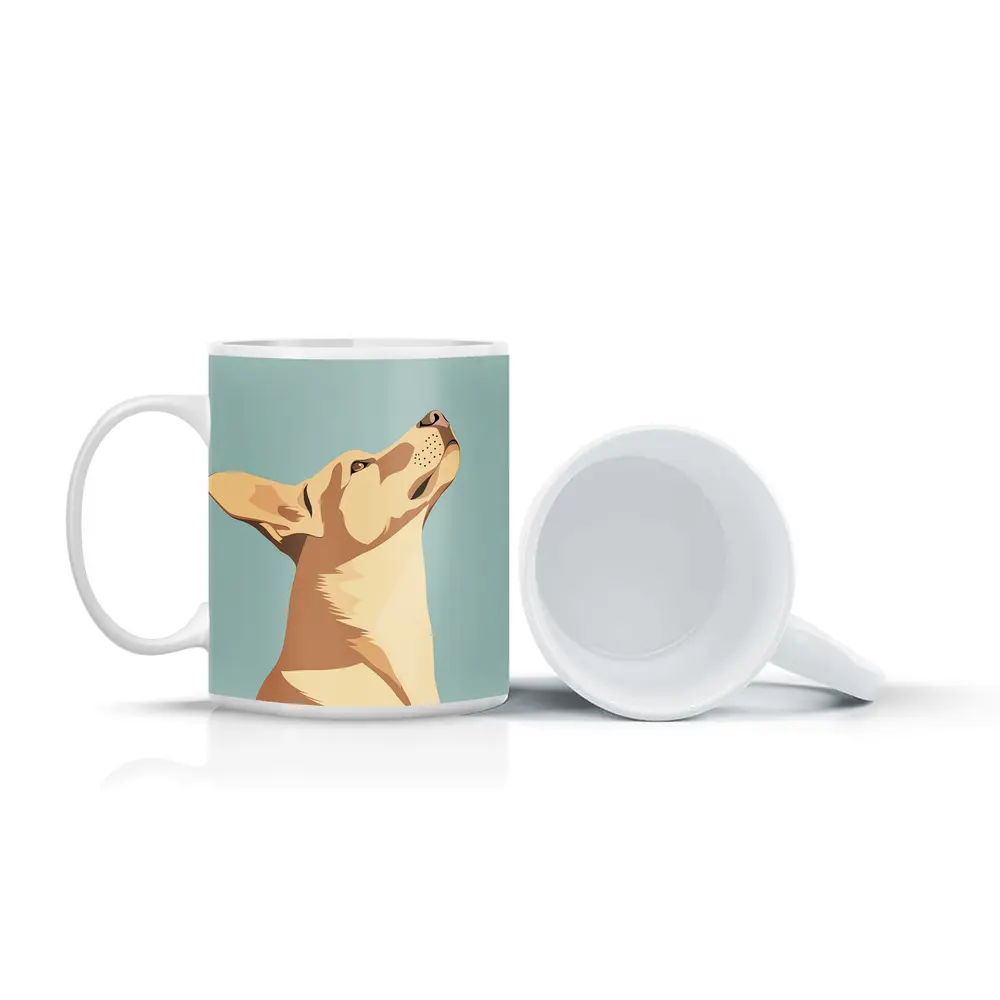 Dog Looking Up Minimal Teal Background – Mugs