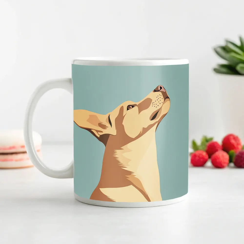 Dog Looking Up Minimal Teal Background – Mugs
