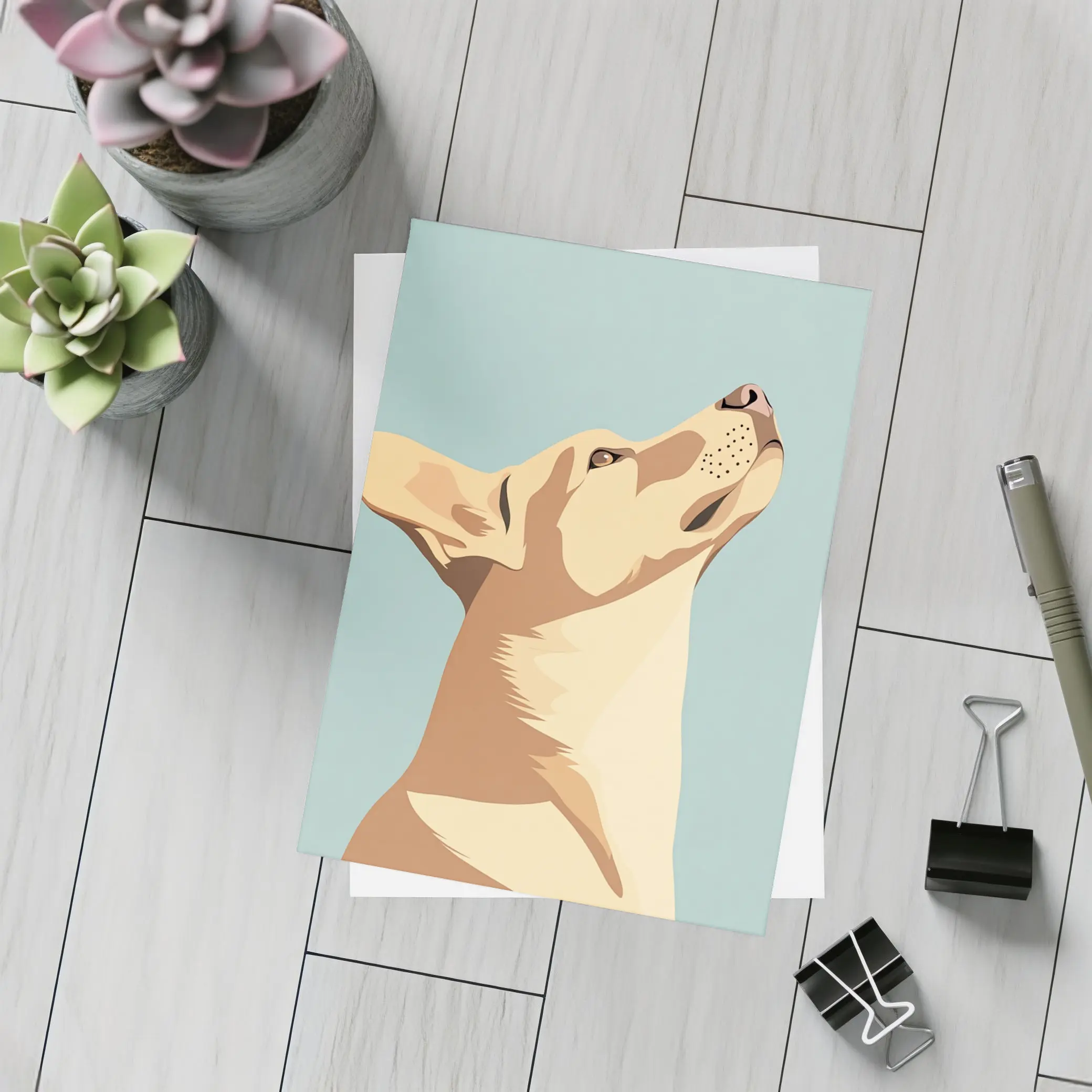 Dog Looking Up Minimal Teal Background – Postcards