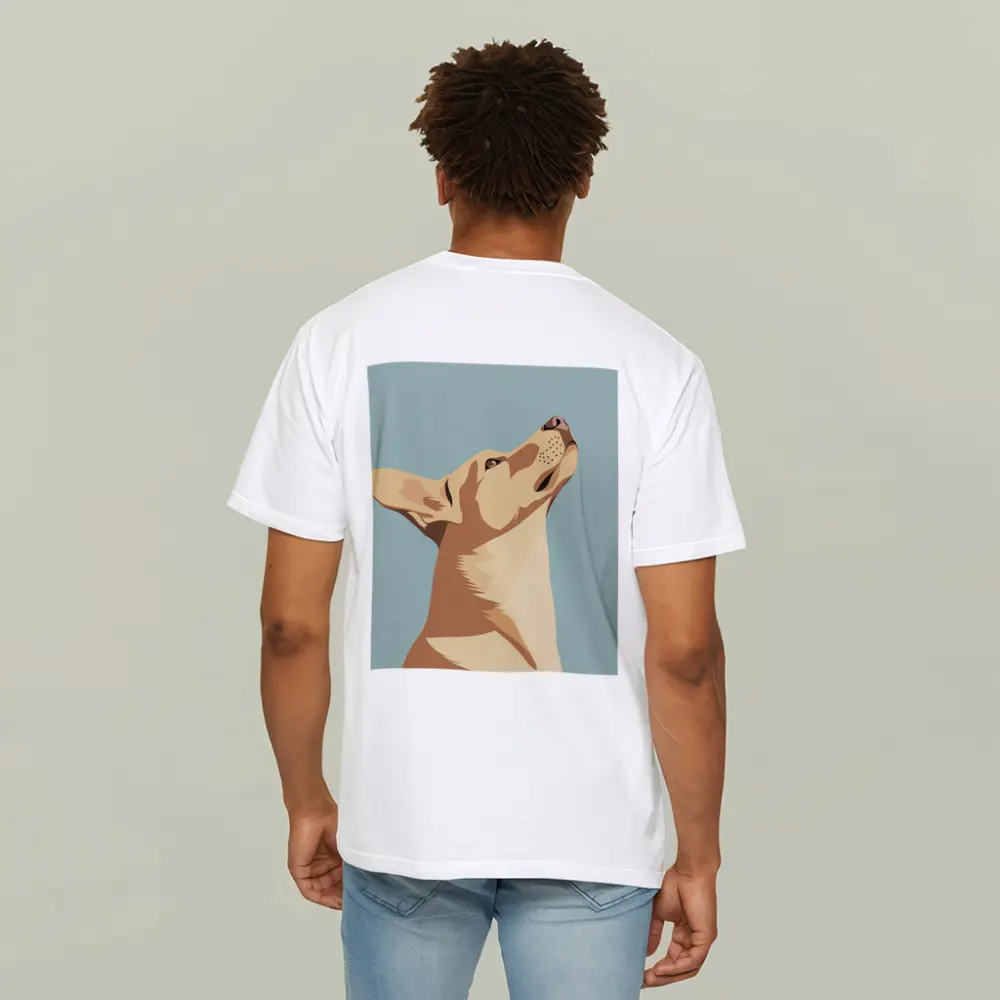 Dog Looking Up Minimal Teal Background – T-Shirts