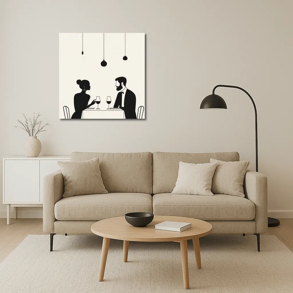 Couple Dining Silhouette Minimalist Black White Art – Wall Art