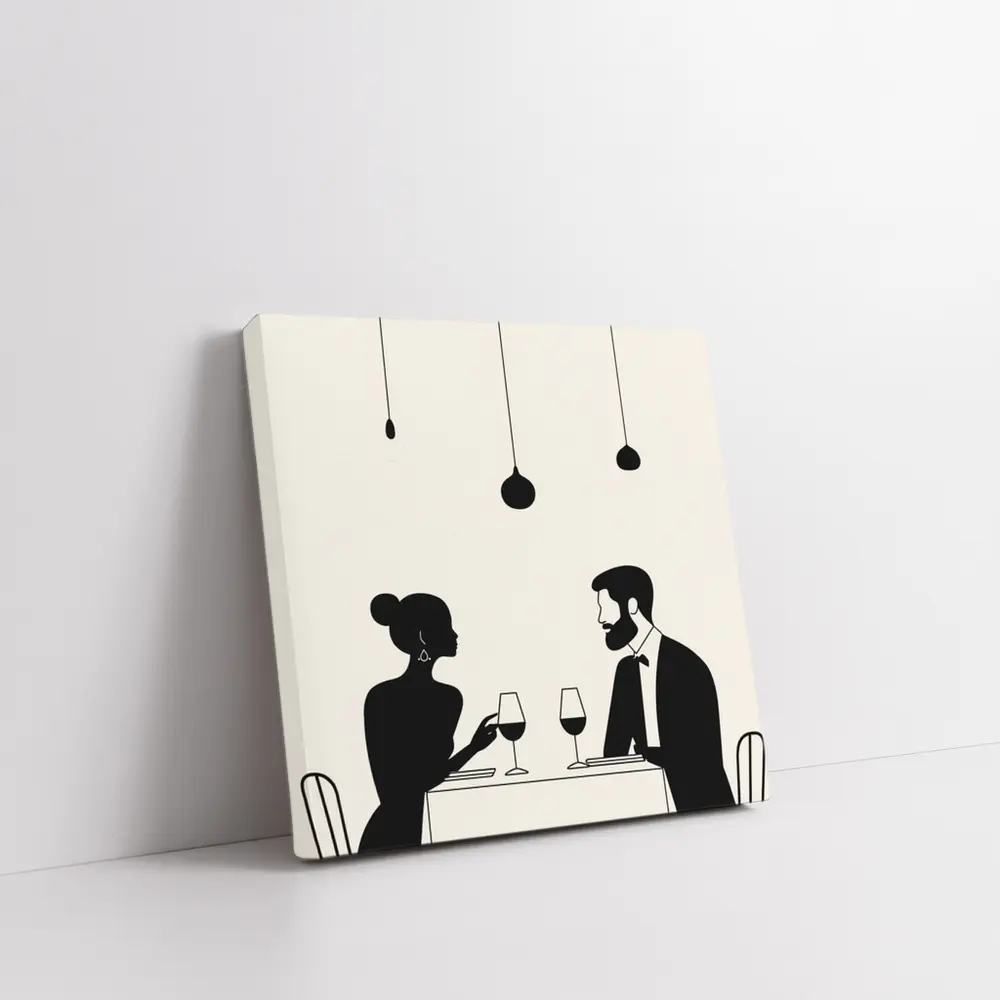 Couple Dining Silhouette Minimalist Black White Art – Wall Art