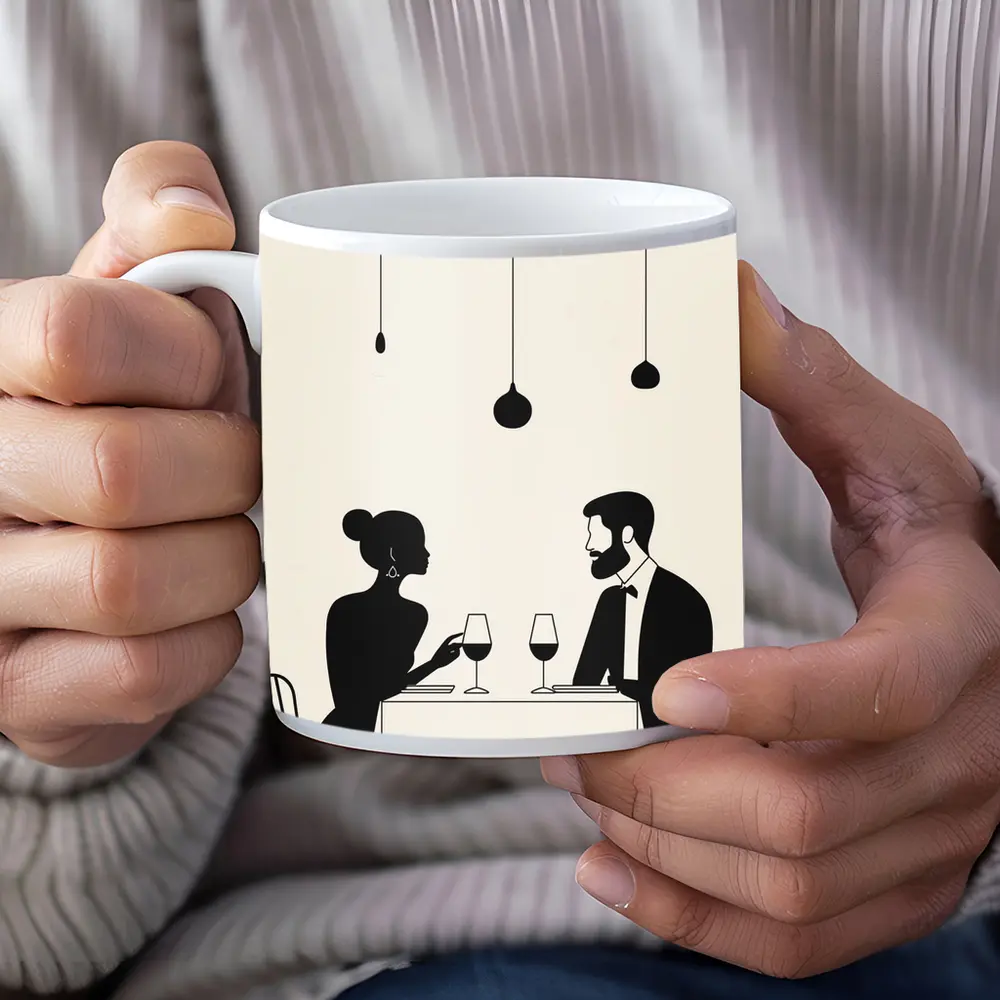 Couple Dining Silhouette Minimalist Black White Art – Mugs