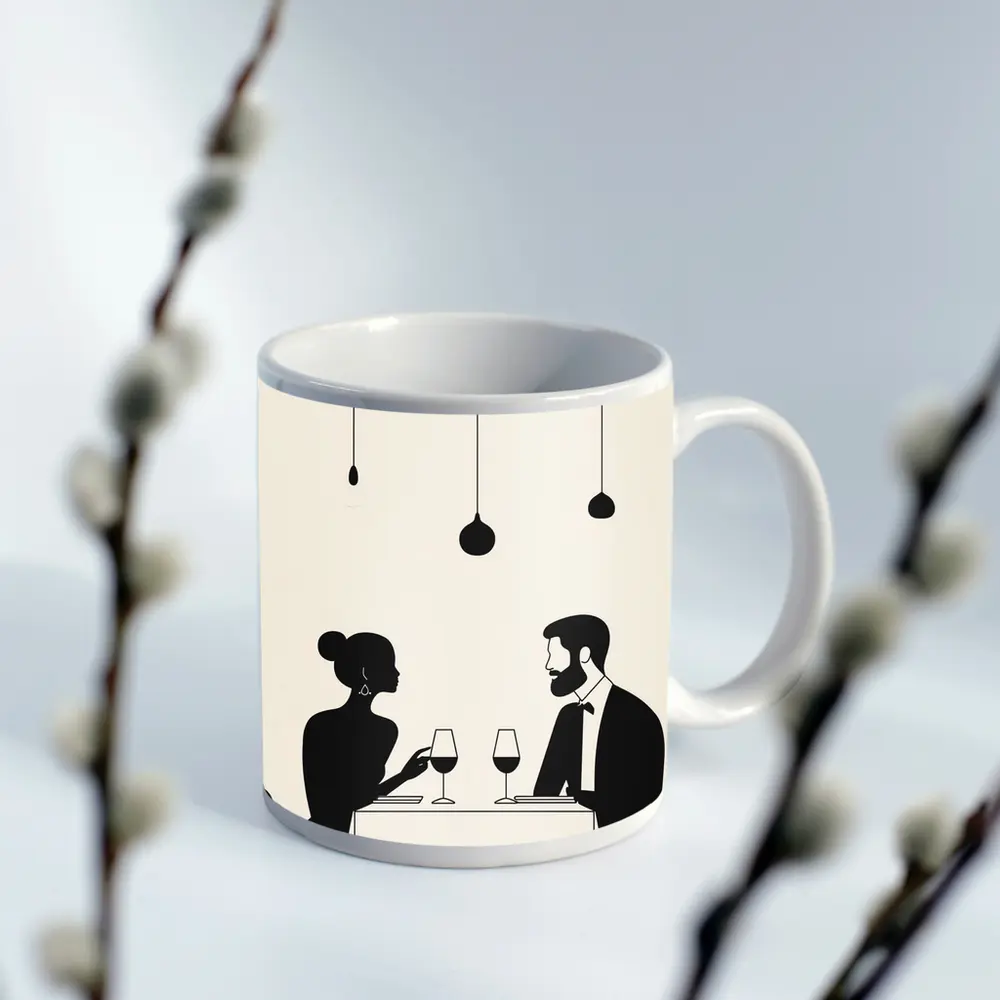 Couple Dining Silhouette Minimalist Black White Art – Mugs
