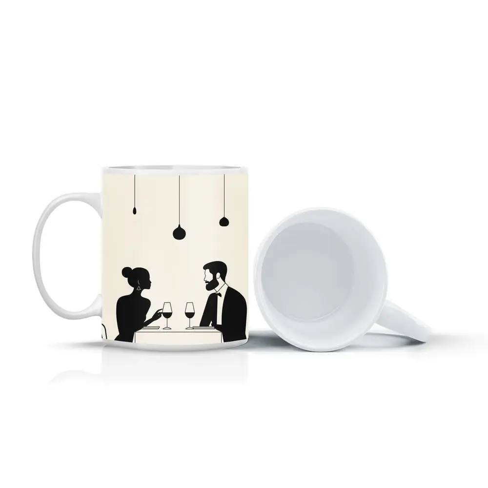 Couple Dining Silhouette Minimalist Black White Art – Mugs