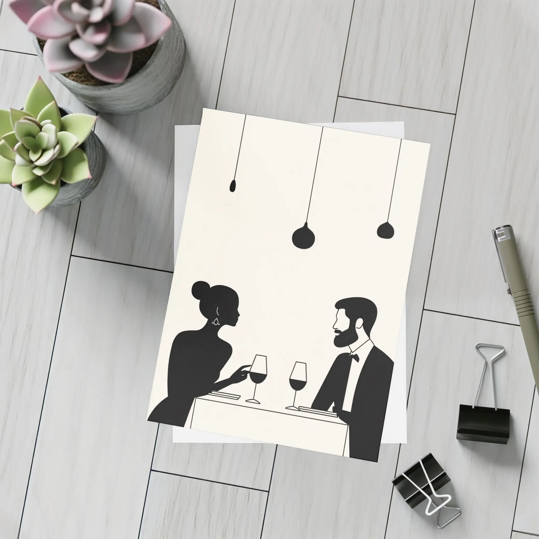 Couple Dining Silhouette Minimalist Black White Art – Postcards