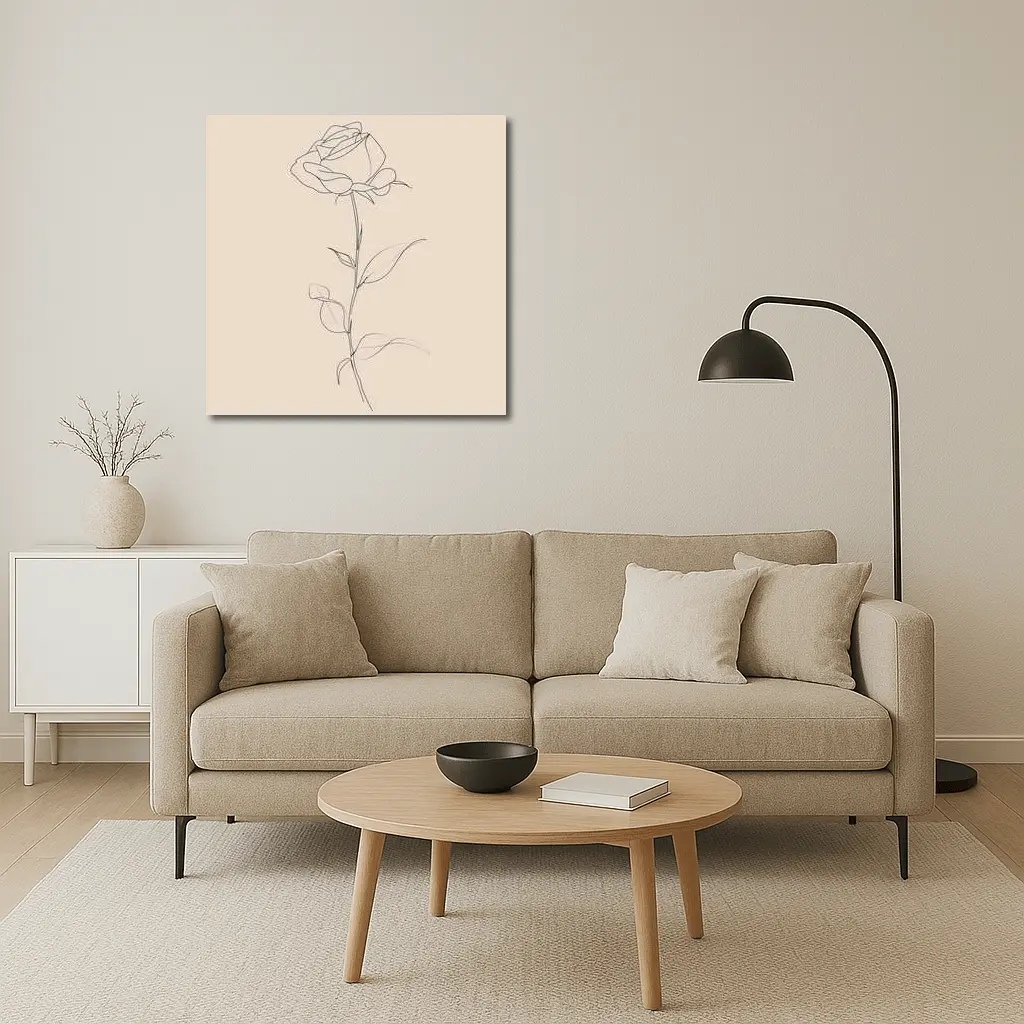 Single Rose Line Art Beige Background – Wall Art