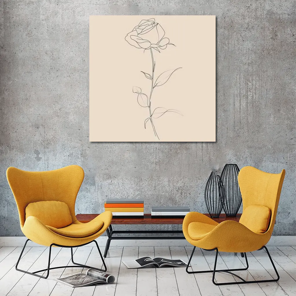 Single Rose Line Art Beige Background – Wall Art