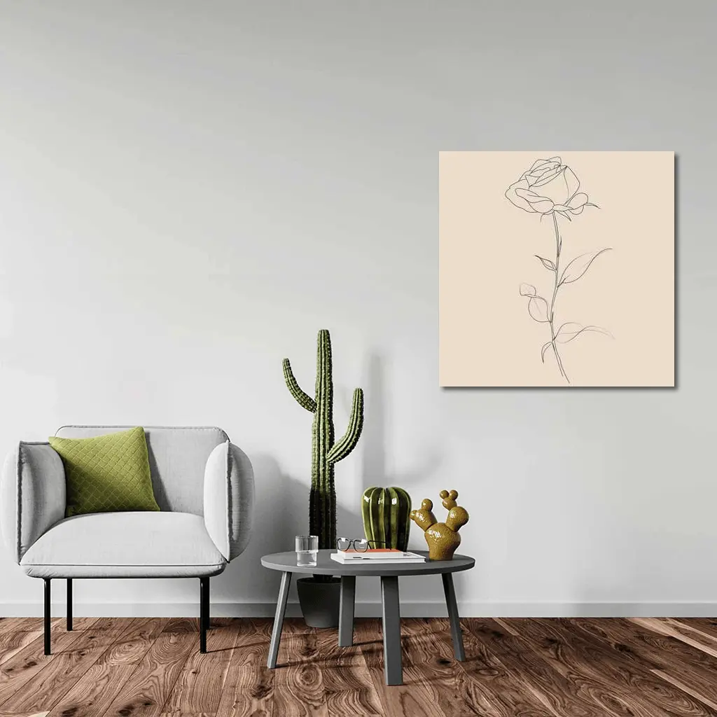 Single Rose Line Art Beige Background – Wall Art