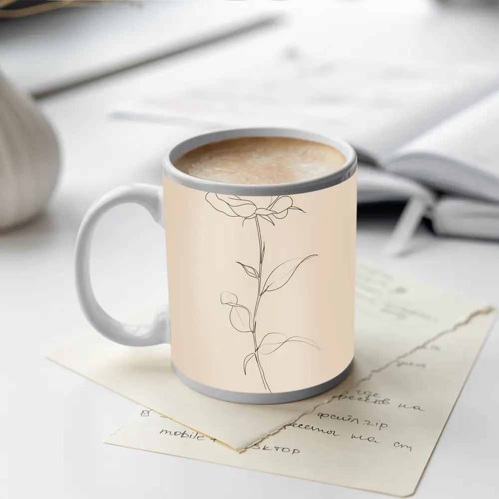 Single Rose Line Art Beige Background – Mugs
