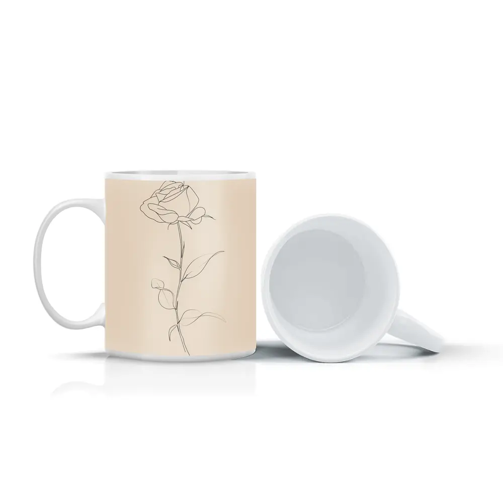 Single Rose Line Art Beige Background – Mugs