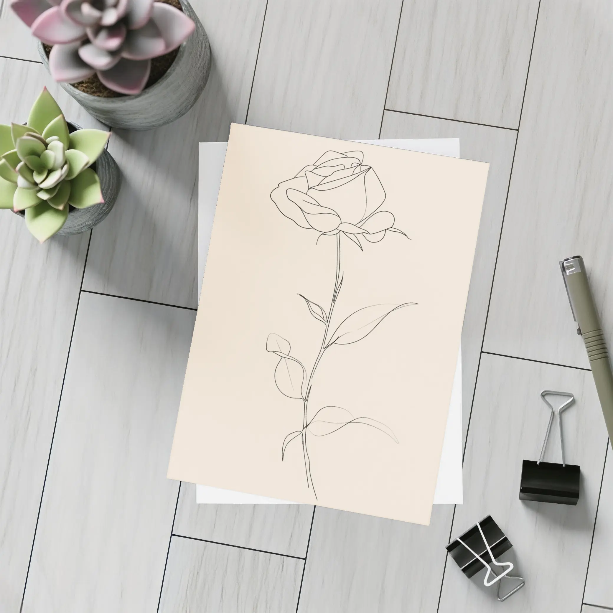 Single Rose Line Art Beige Background – Postcards