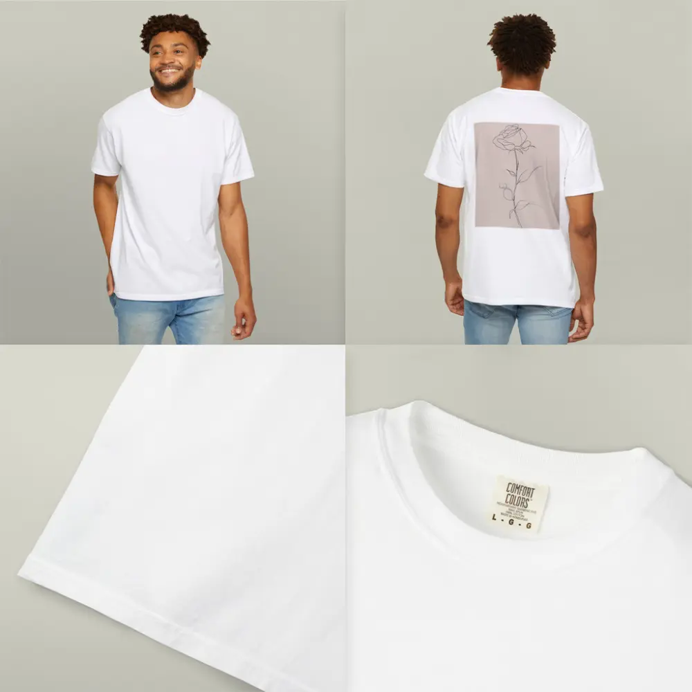 Single Rose Line Art Beige Background – T-Shirts