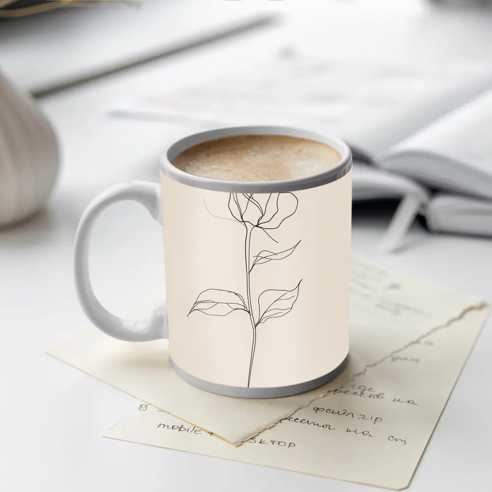 Rose Line Art Minimalist Beige Background – Mugs