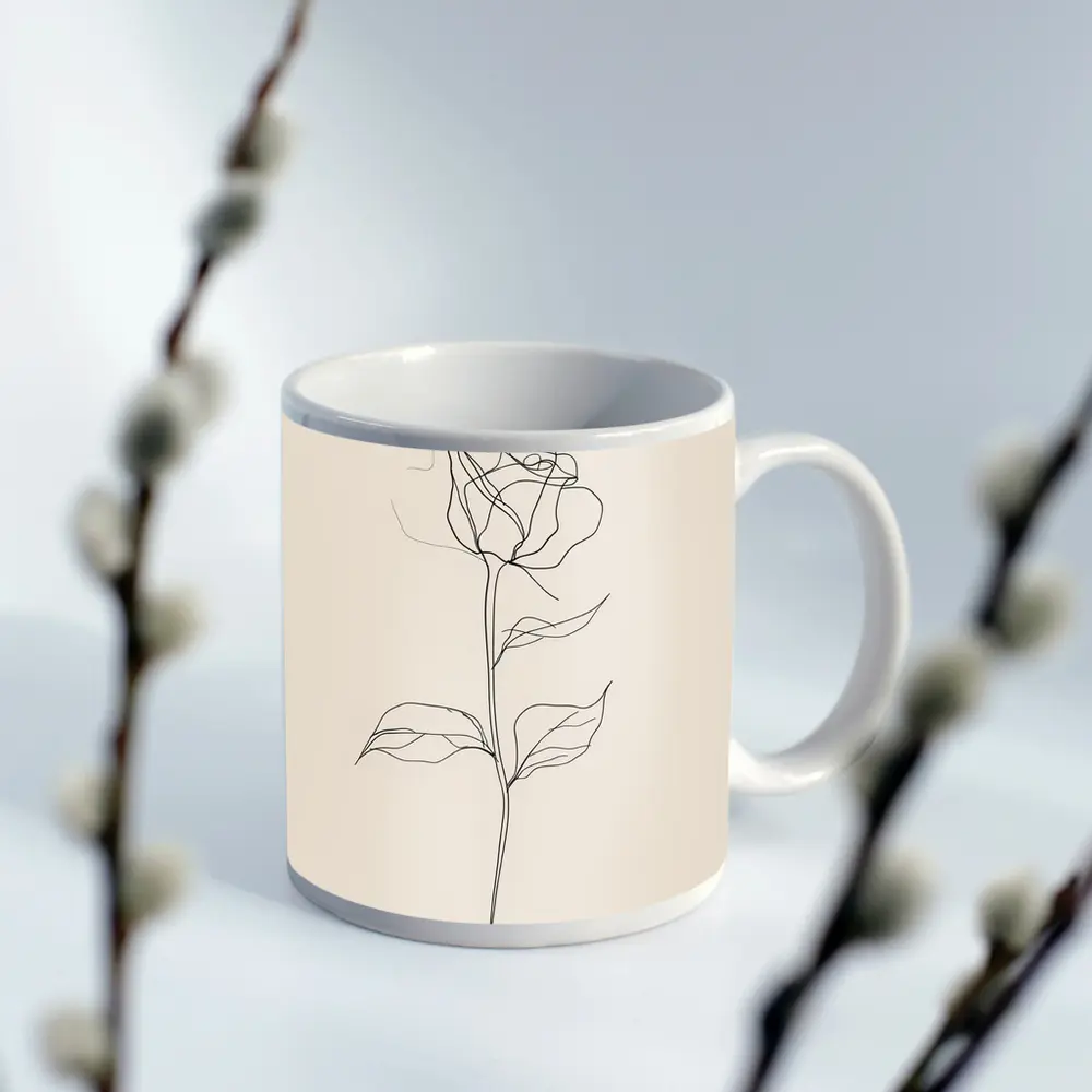 Rose Line Art Minimalist Beige Background – Mugs
