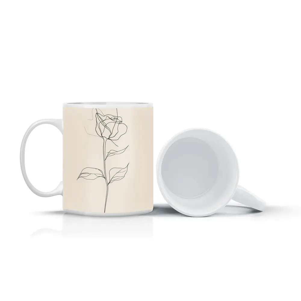 Rose Line Art Minimalist Beige Background – Mugs