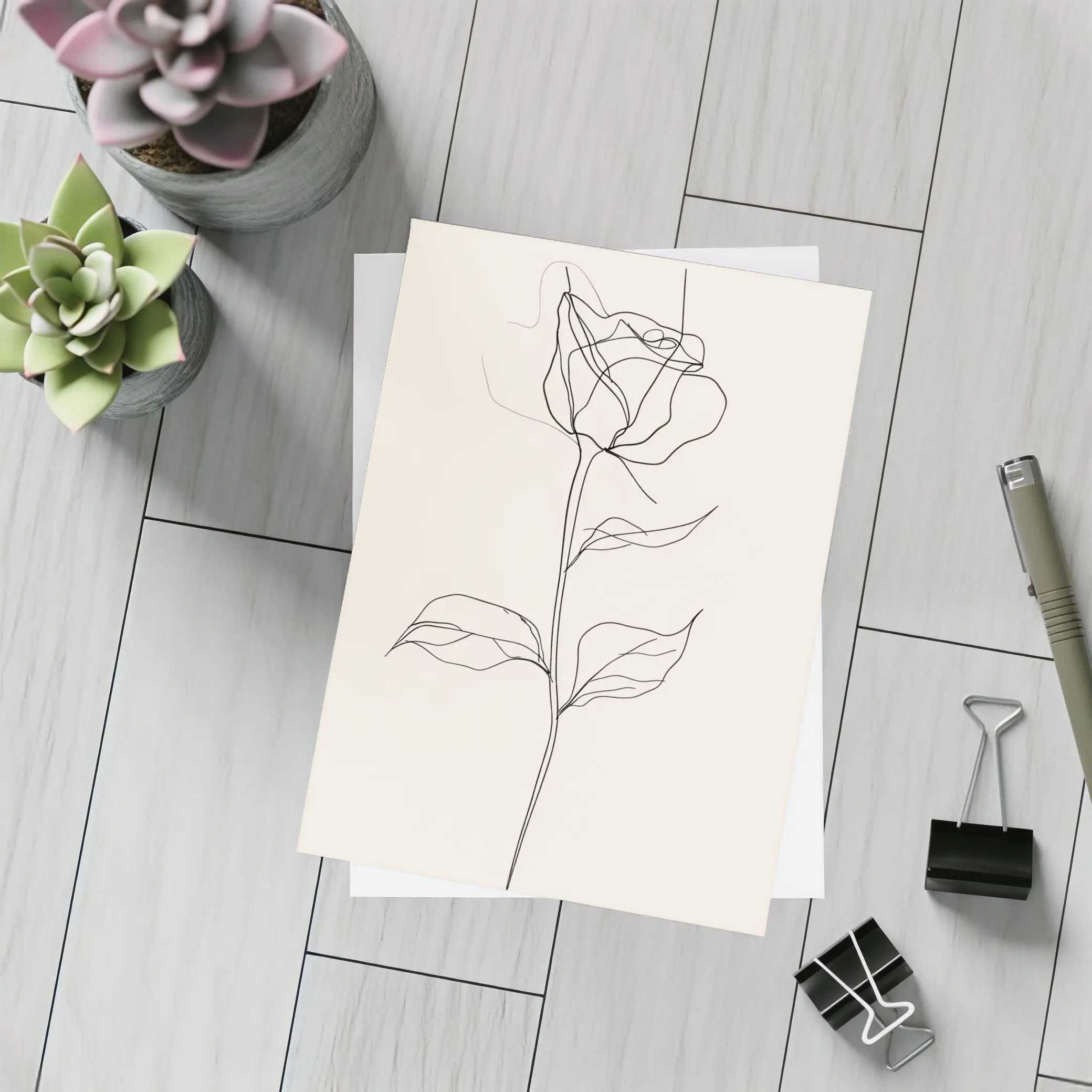 Rose Line Art Minimalist Beige Background – Postcards