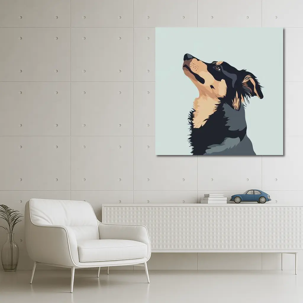 Black Tan Dog Portrait Minimal Blue Background – Wall Art