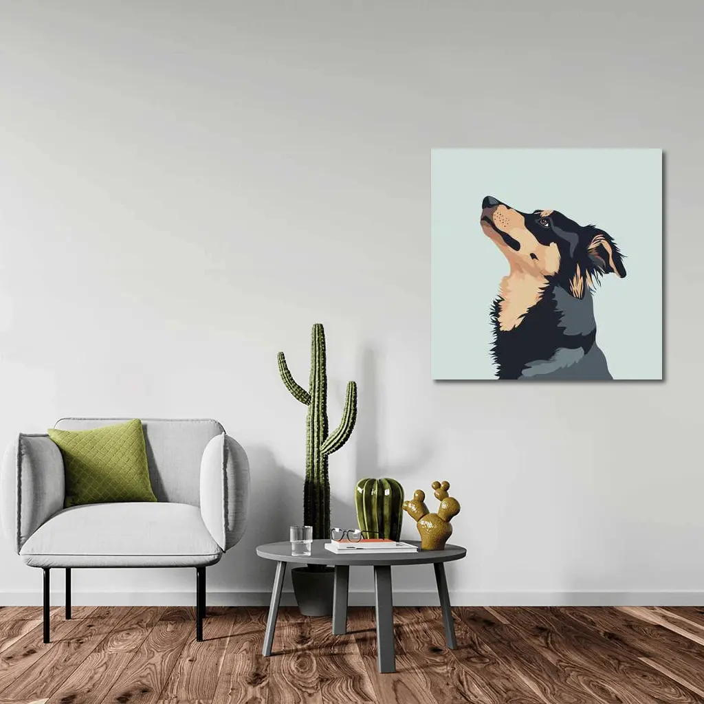 Black Tan Dog Portrait Minimal Blue Background – Wall Art