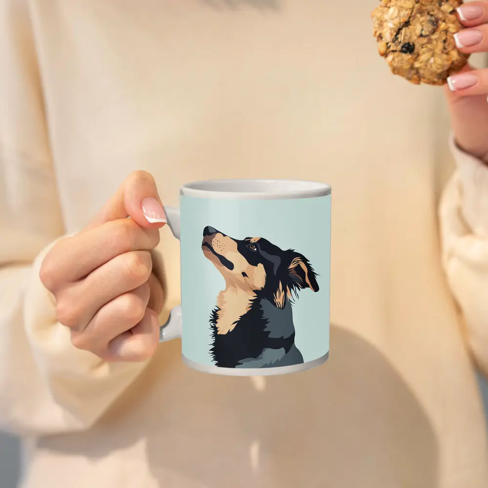 Black Tan Dog Portrait Minimal Blue Background – Mugs