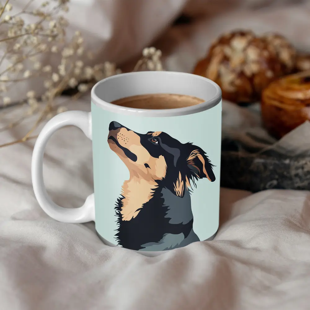 Black Tan Dog Portrait Minimal Blue Background – Mugs