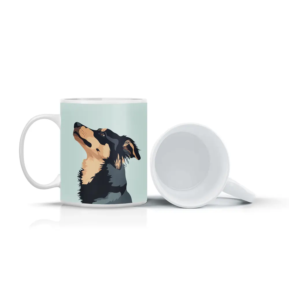 Black Tan Dog Portrait Minimal Blue Background – Mugs