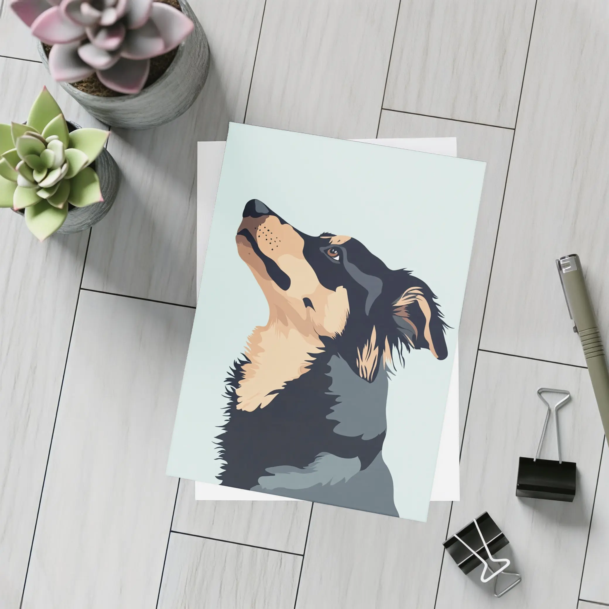 Black Tan Dog Portrait Minimal Blue Background – Postcards