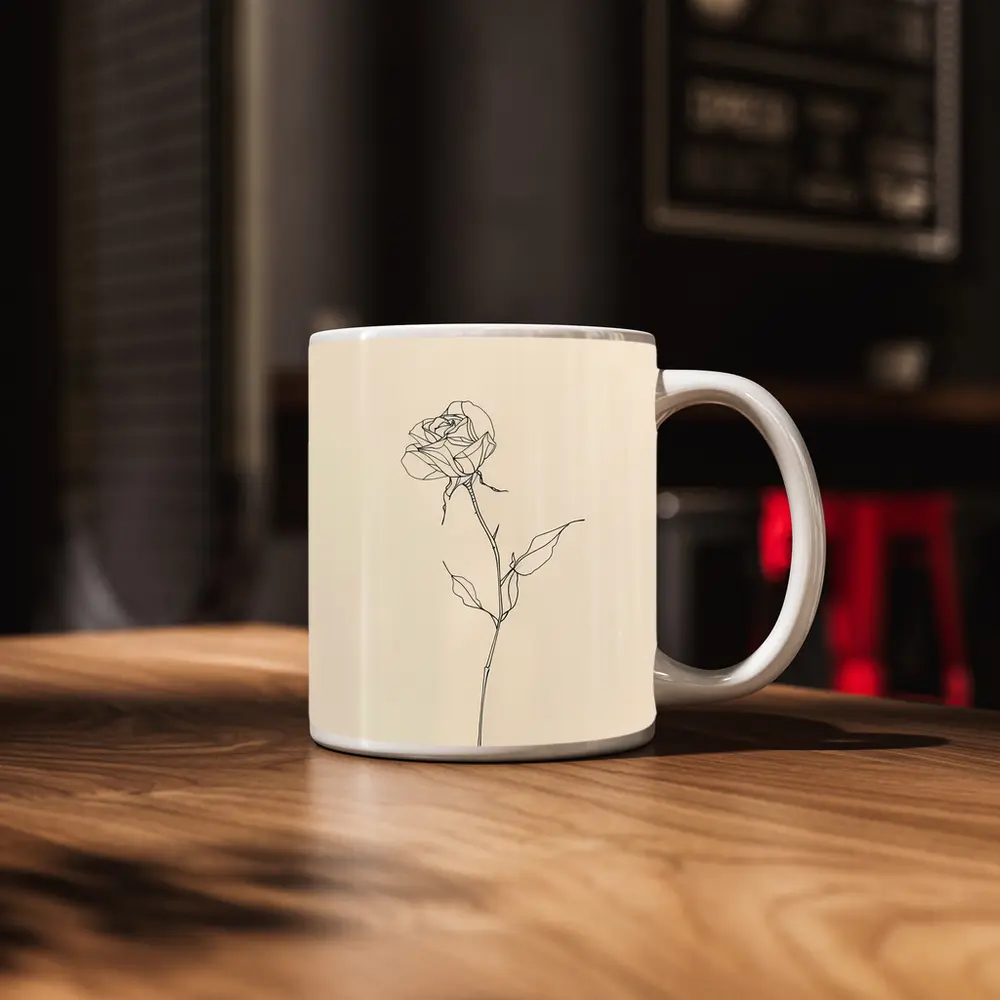 Minimalist Rose Line Art Beige Background – Mugs
