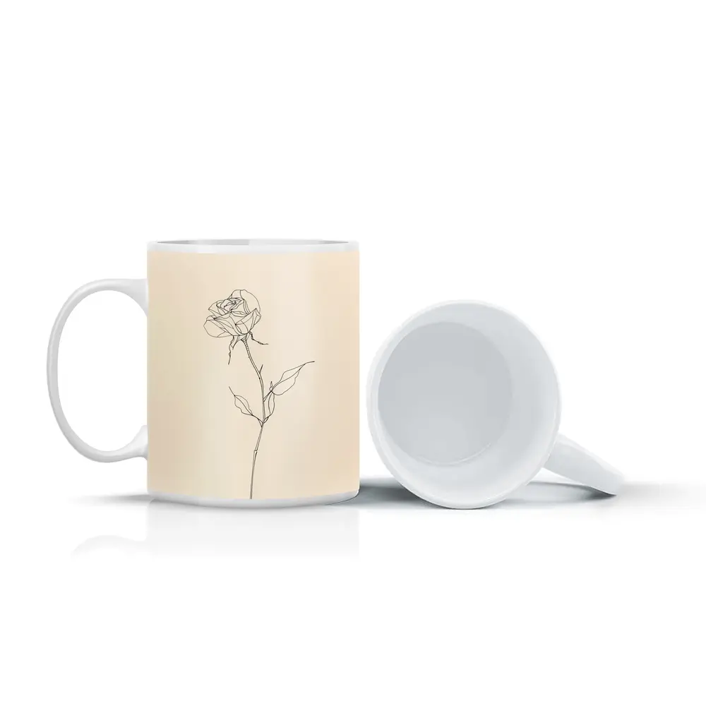 Minimalist Rose Line Art Beige Background – Mugs