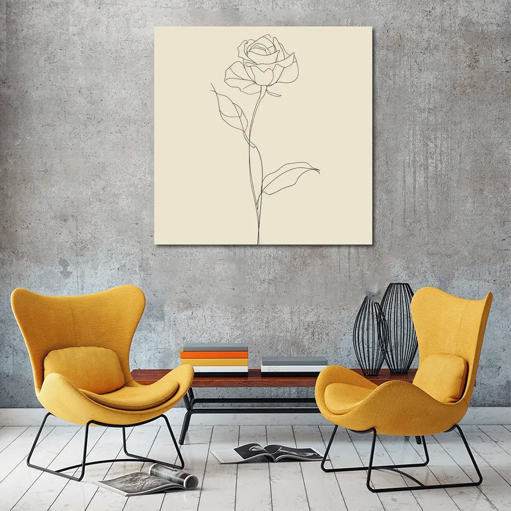 Rose Line Art Minimalist Beige Background – Wall Art