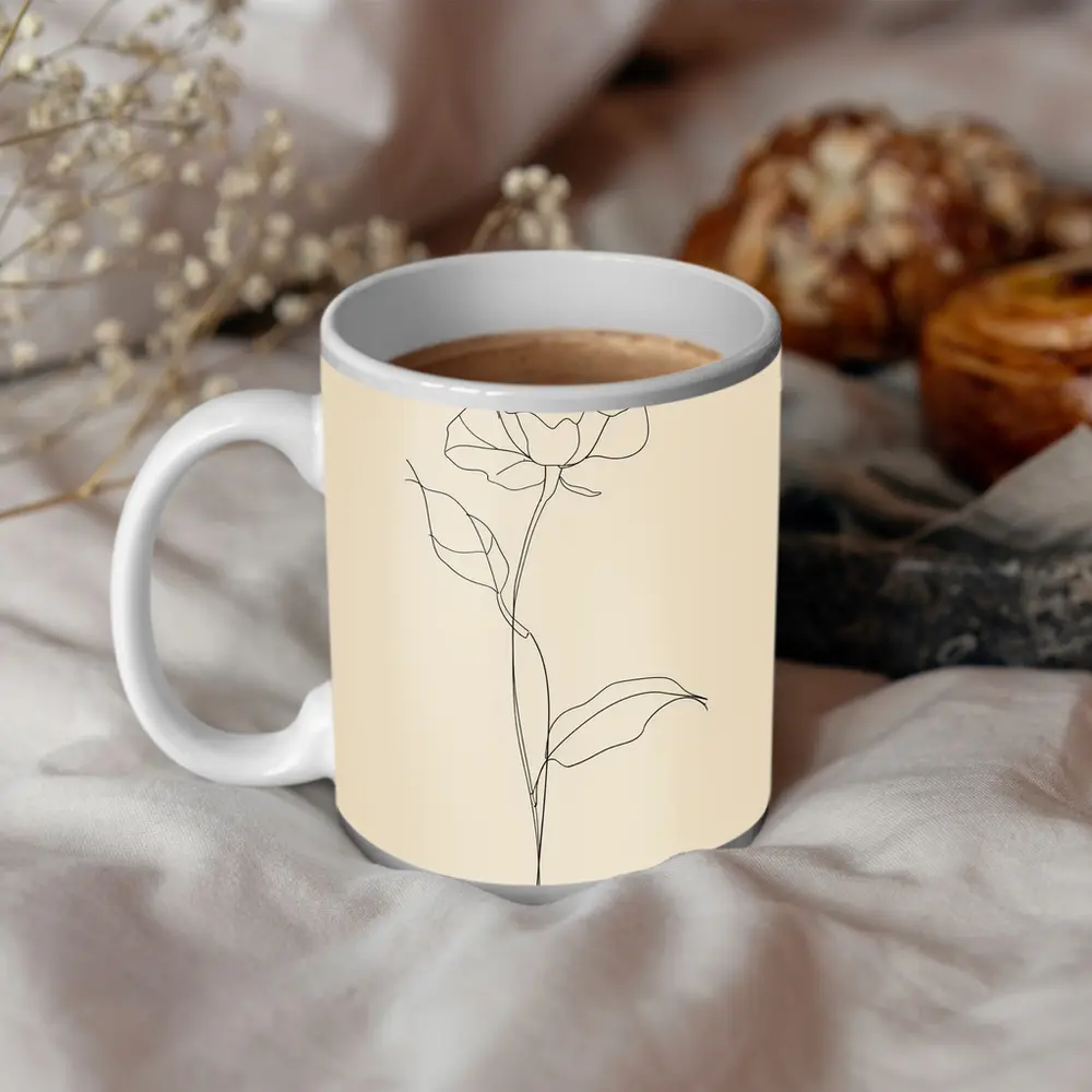 Rose Line Art Minimalist Beige Background – Mugs