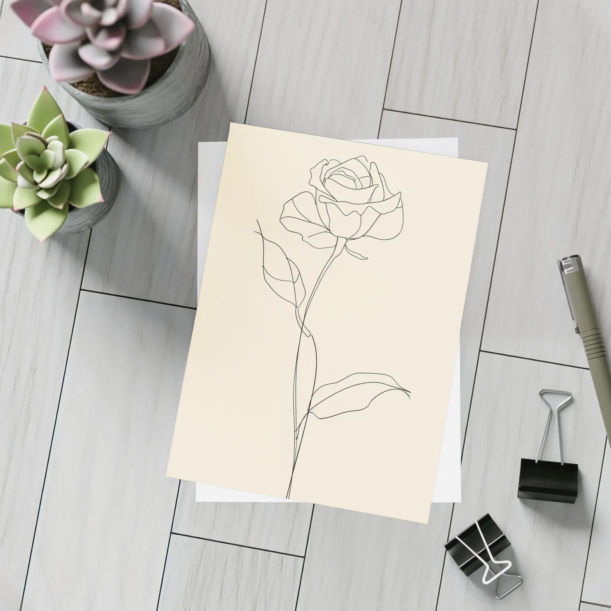 Rose Line Art Minimalist Beige Background – Postcards