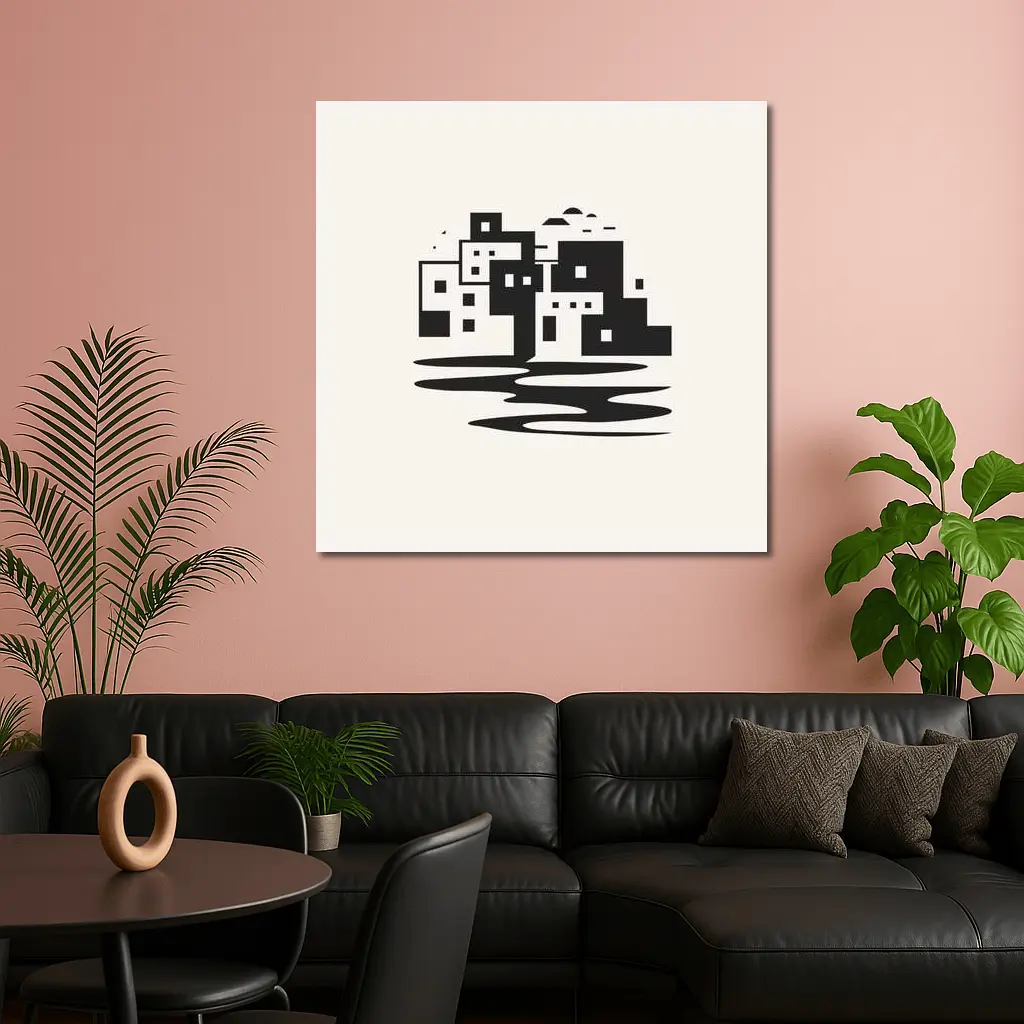 Minimalist Mediterranean Coastal Town Black White – Wall Art