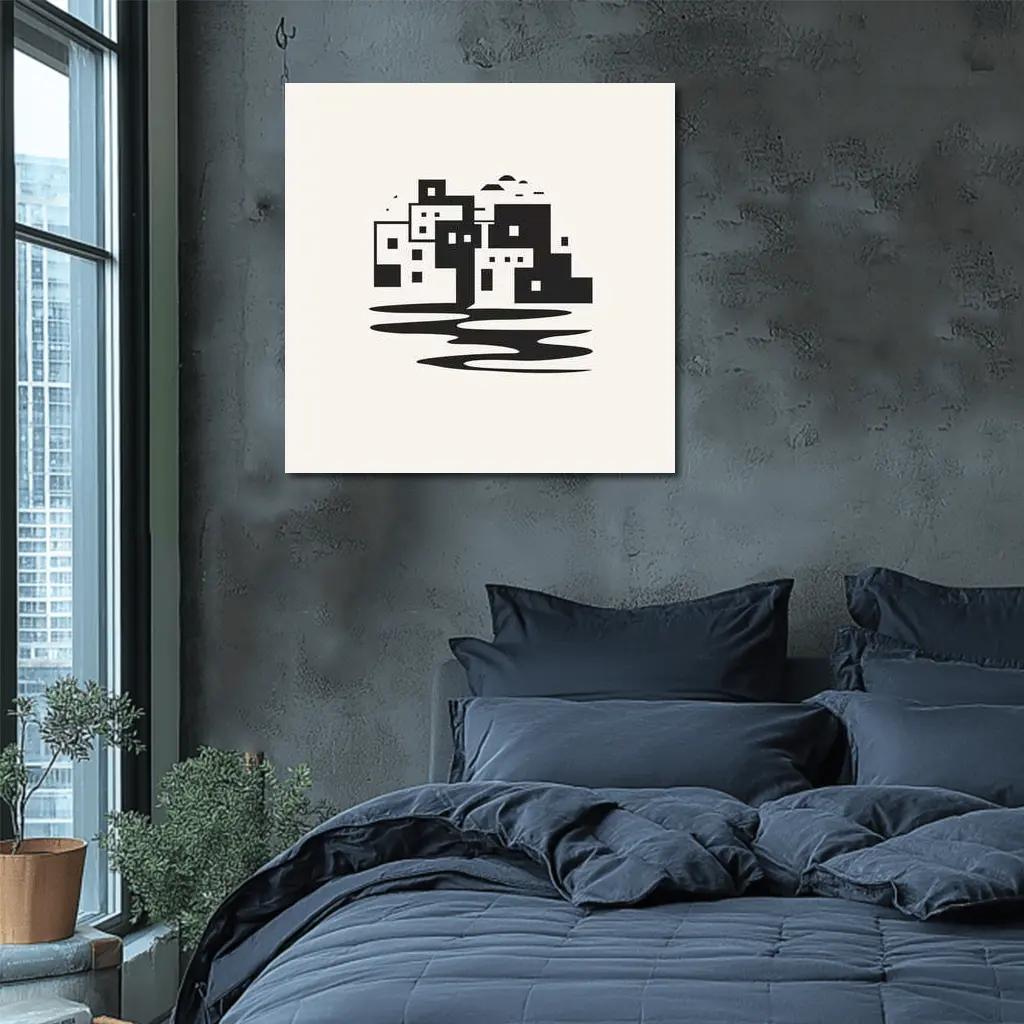 Minimalist Mediterranean Coastal Town Black White – Wall Art