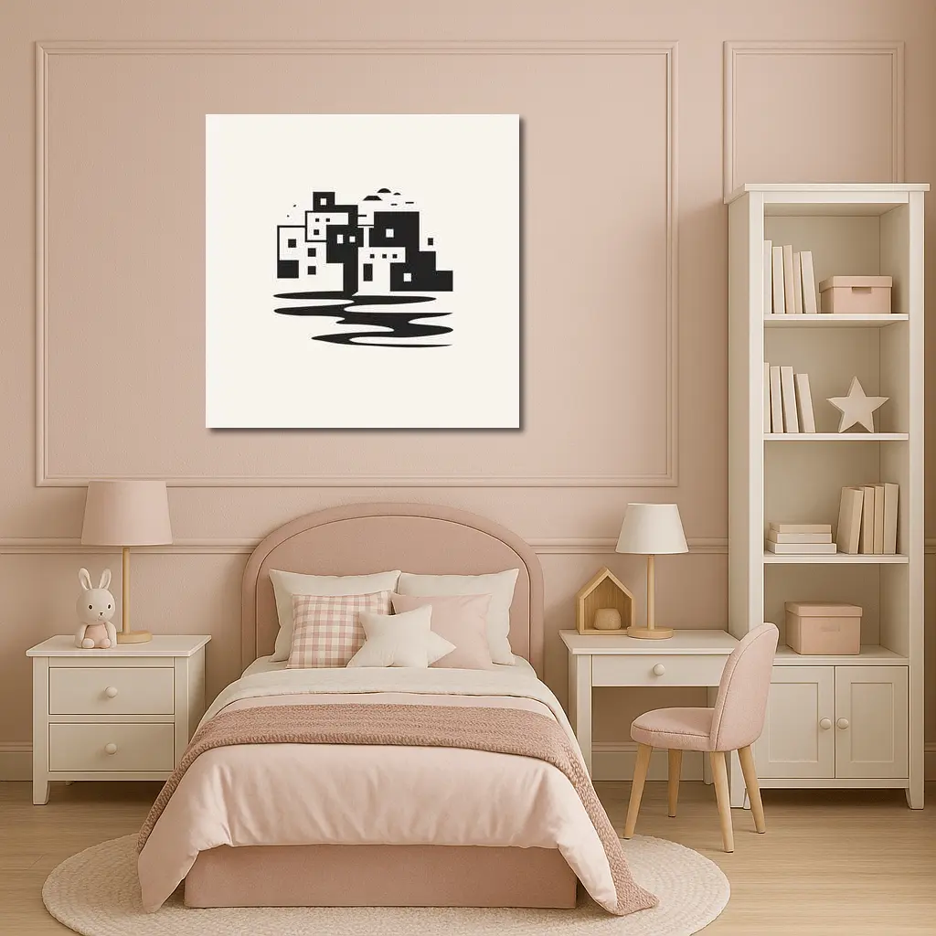 Minimalist Mediterranean Coastal Town Black White – Wall Art