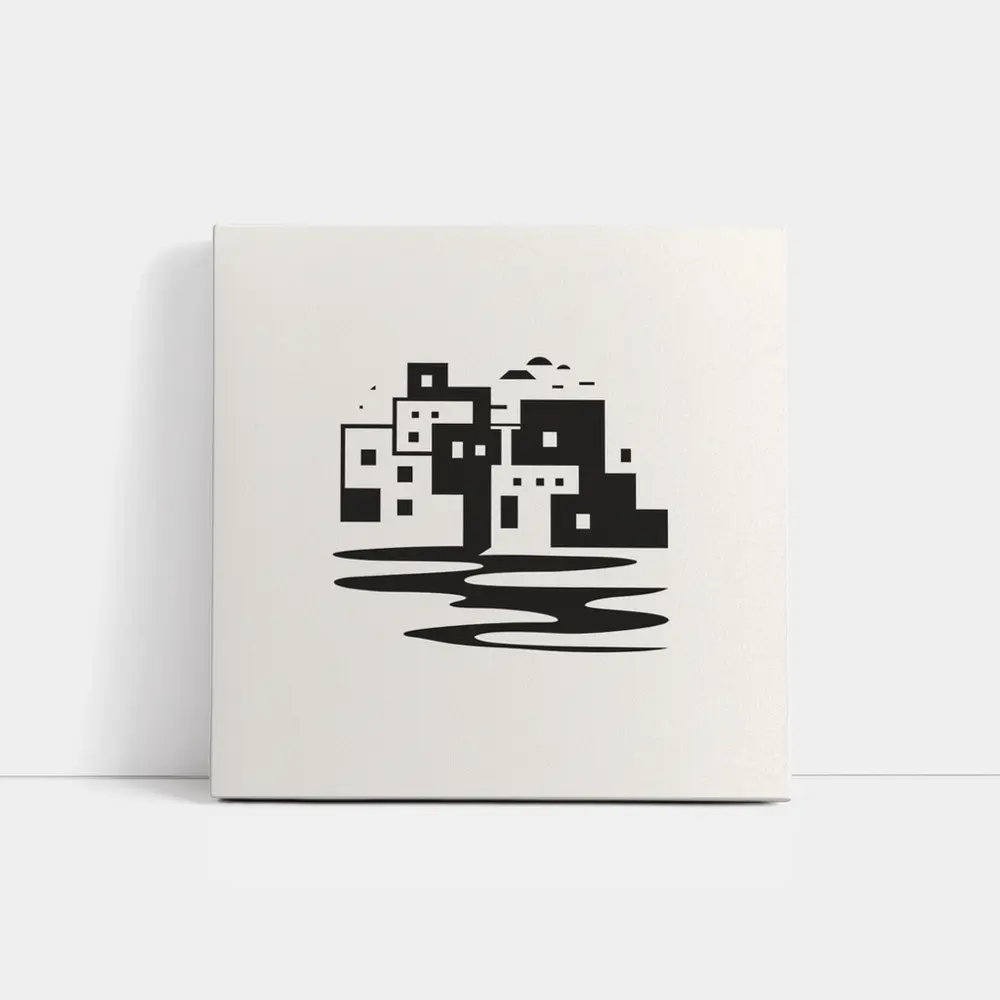 Minimalist Mediterranean Coastal Town Black White – Wall Art