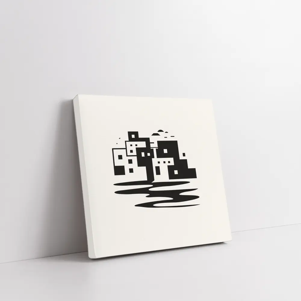 Minimalist Mediterranean Coastal Town Black White – Wall Art