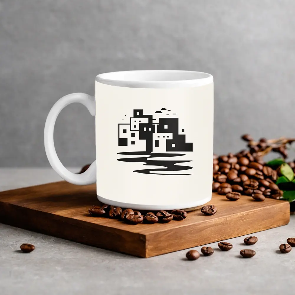 Minimalist Mediterranean Coastal Town Black White – Mugs