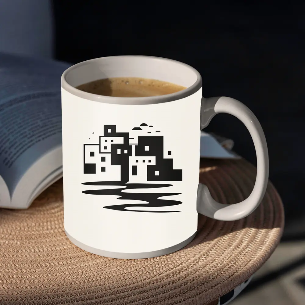 Minimalist Mediterranean Coastal Town Black White – Mugs
