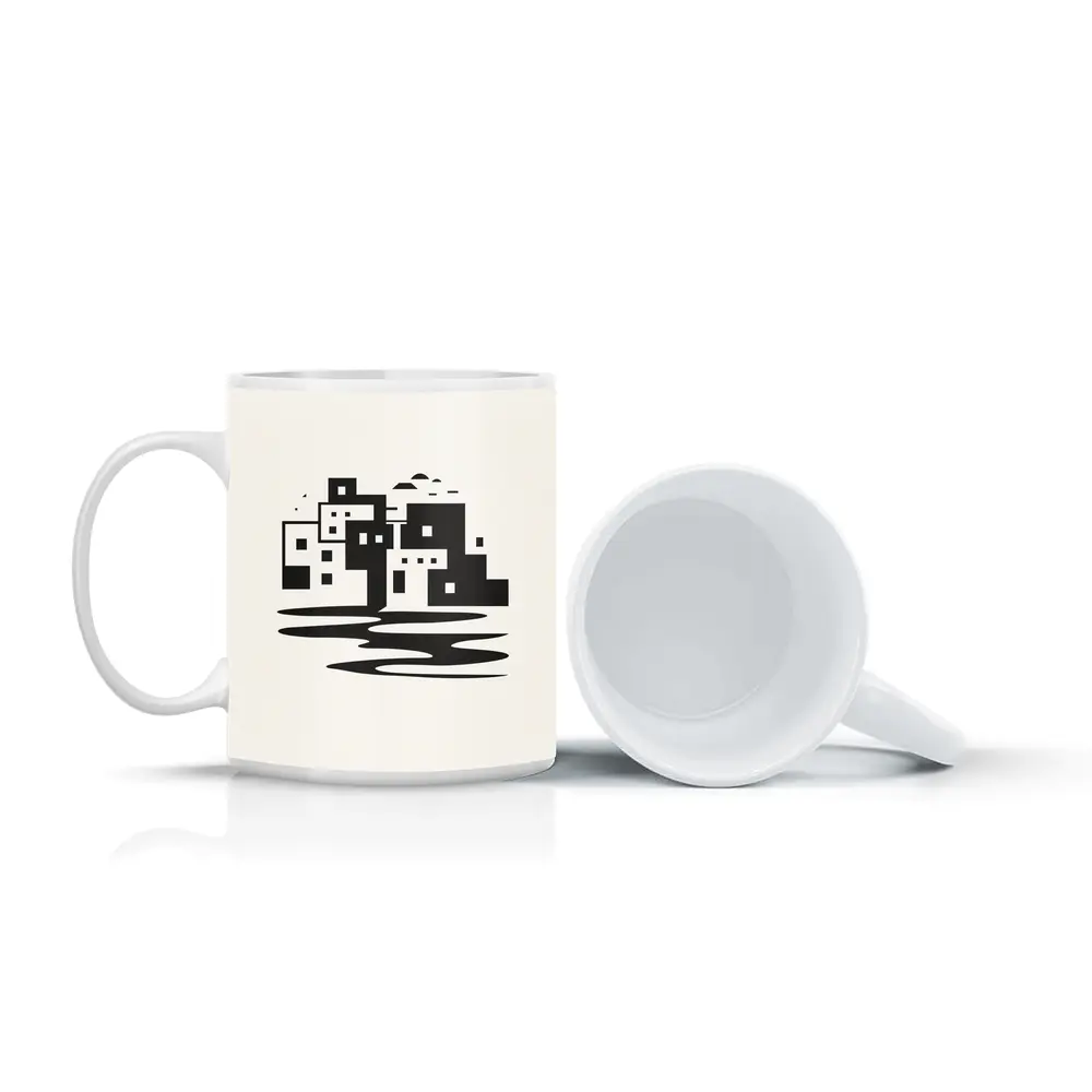 Minimalist Mediterranean Coastal Town Black White – Mugs