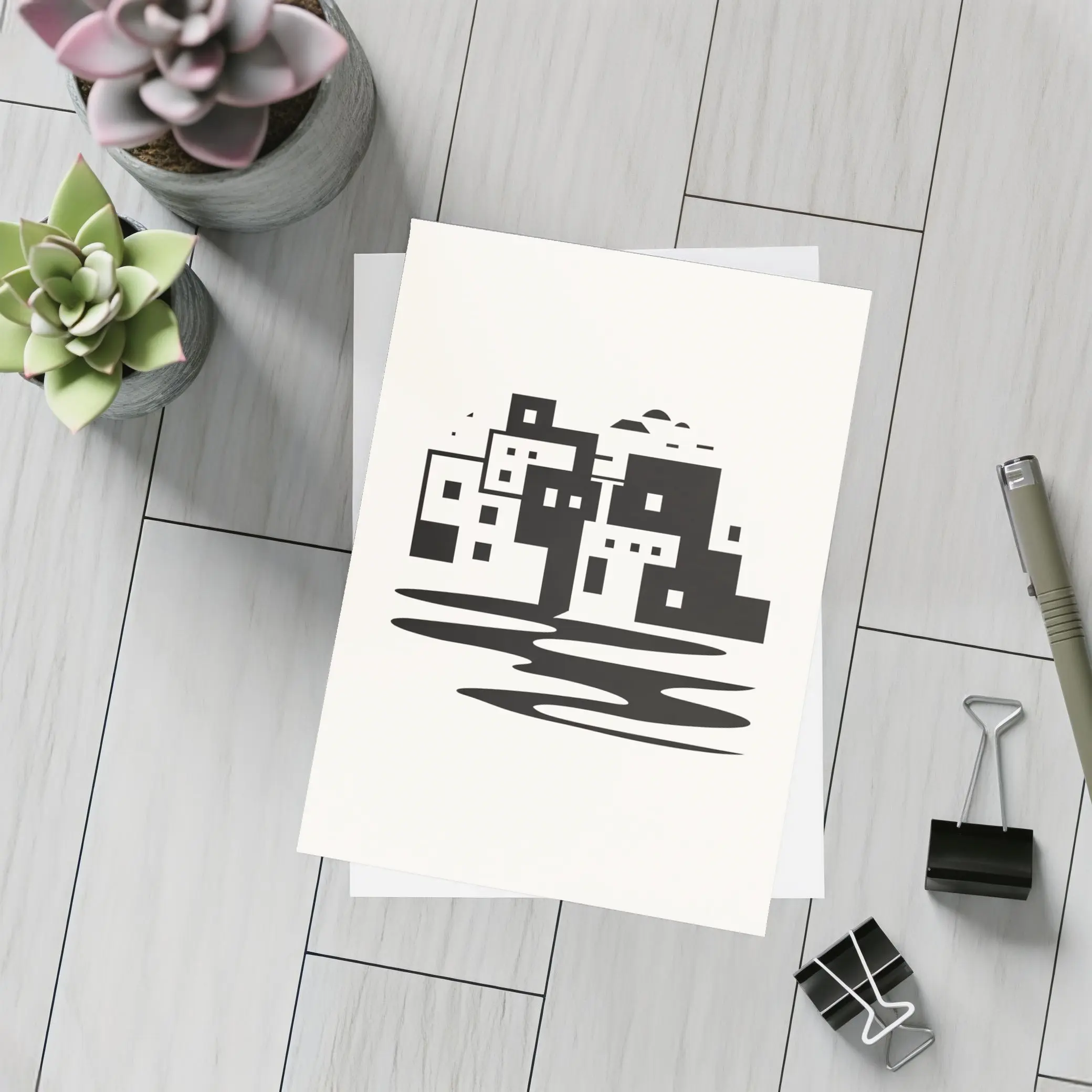 Minimalist Mediterranean Coastal Town Black White – Postcards