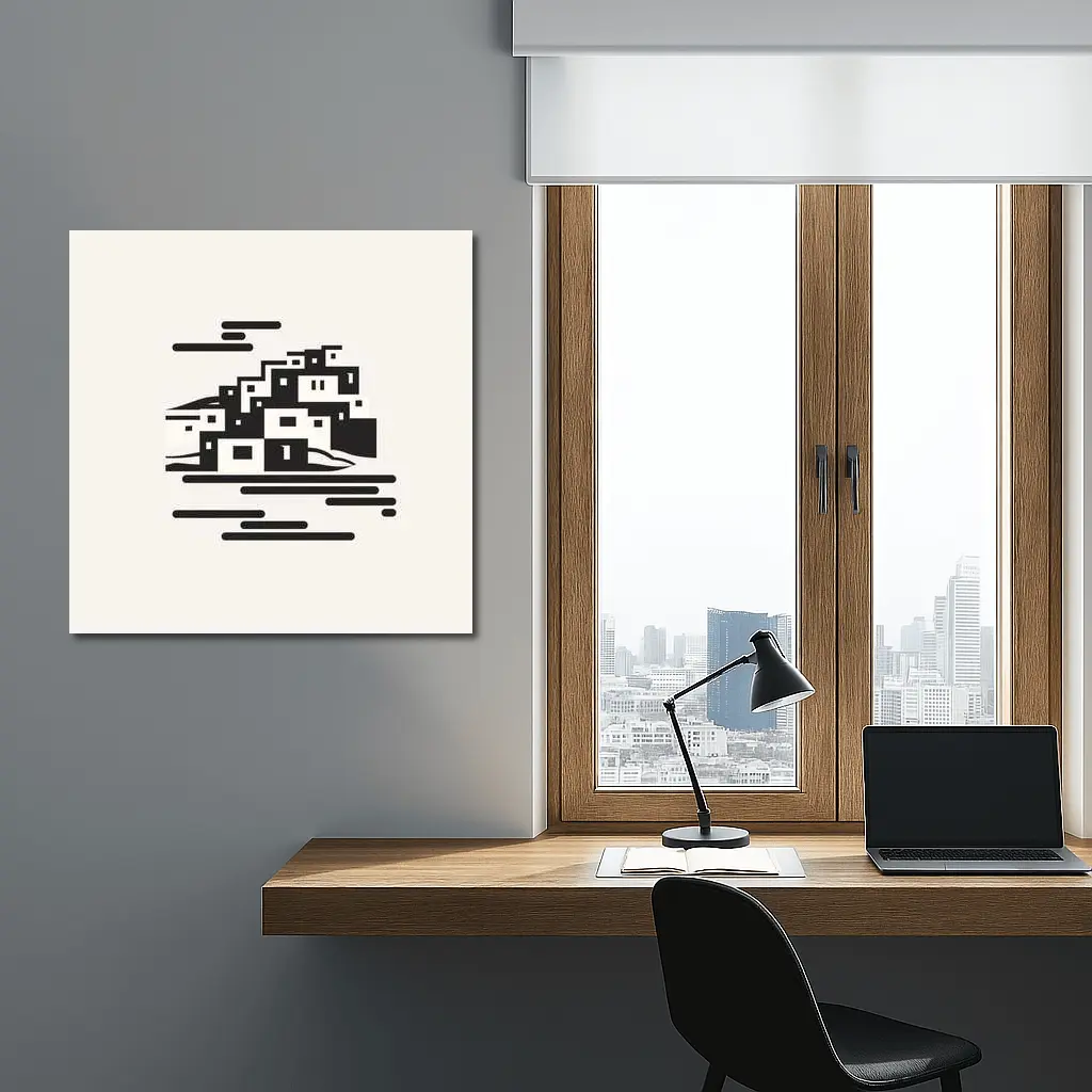 Minimalist Hillside Village Black White Art – Wall Art