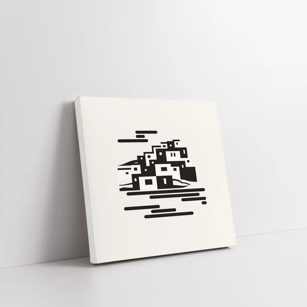 Minimalist Hillside Village Black White Art – Wall Art