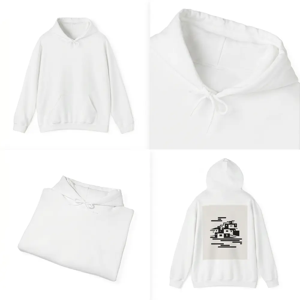 Minimalist Hillside Village Black White Art – Hoodies