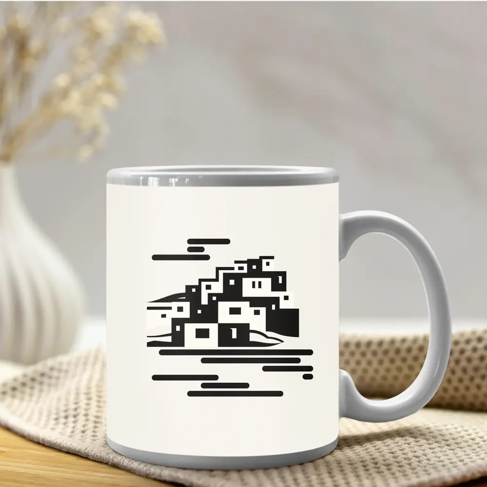 Minimalist Hillside Village Black White Art – Mugs