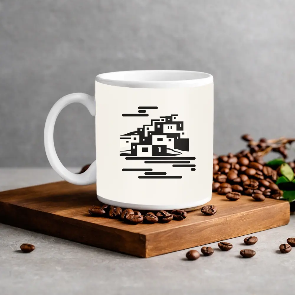 Minimalist Hillside Village Black White Art – Mugs